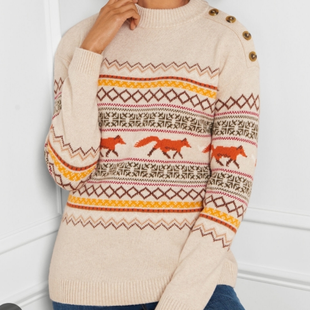 Fair Isle Highland Fox Mockneck Cotton Blend Pullover Sweater L